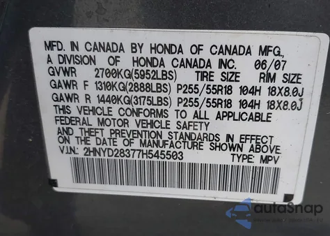 2007 Acura Mdx Technology Package from USA, damaged, VIN 2HNYD28377H545503